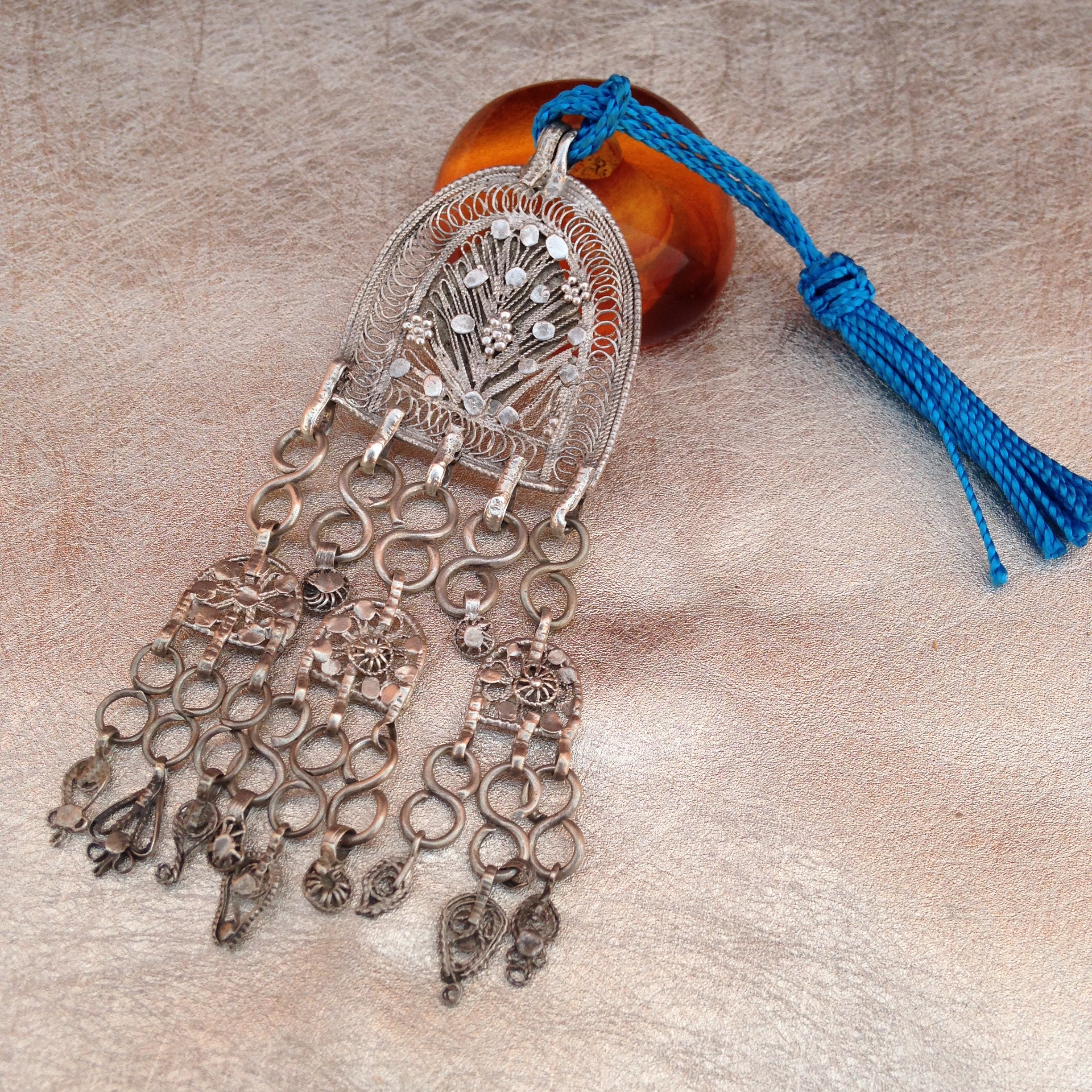 Berber Silver Amulet Pendant: Moroccan Ethnic Necklace with Blue Linen Tassel - Image 2