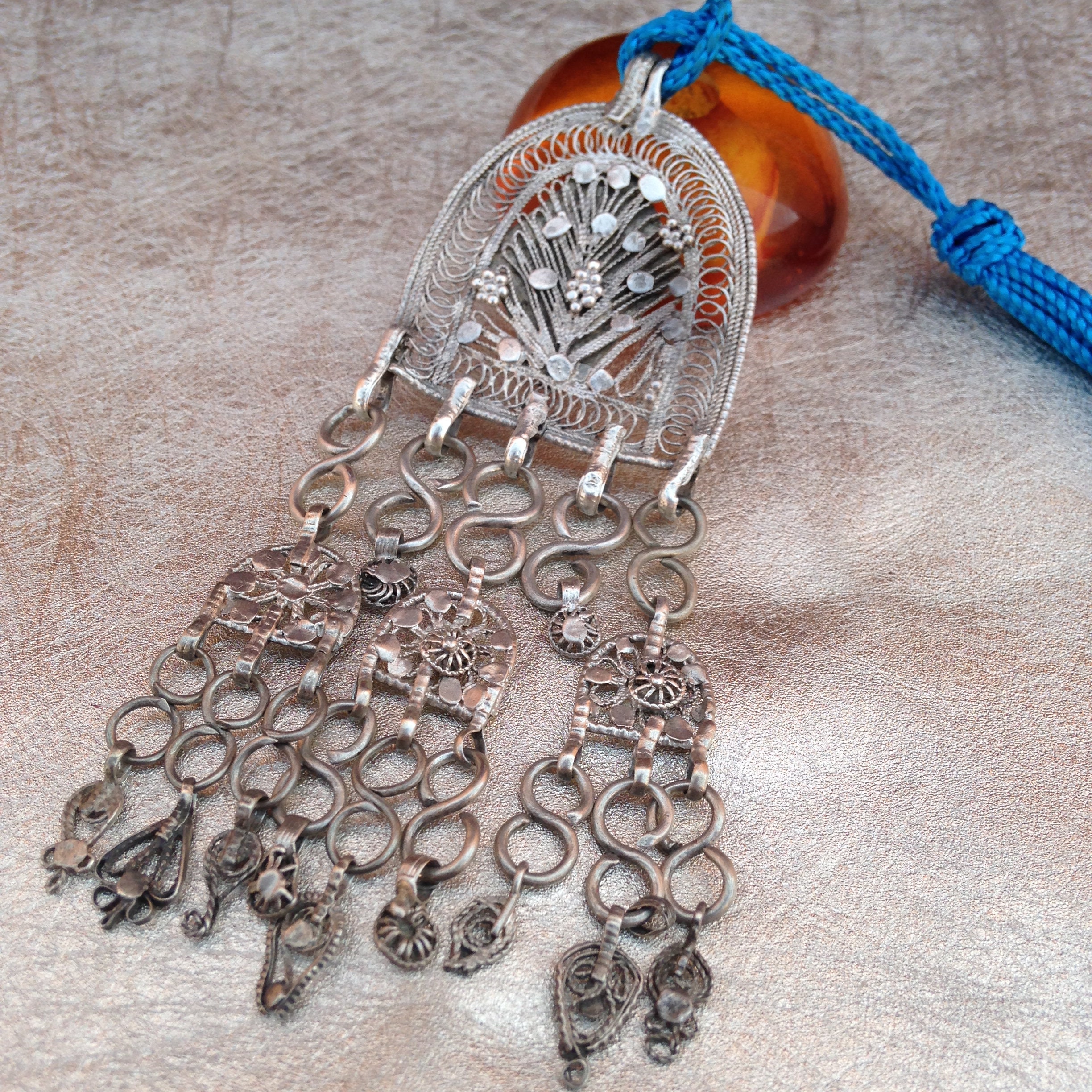 Berber Silver Amulet Pendant: Moroccan Ethnic Necklace with Blue Linen Tassel
