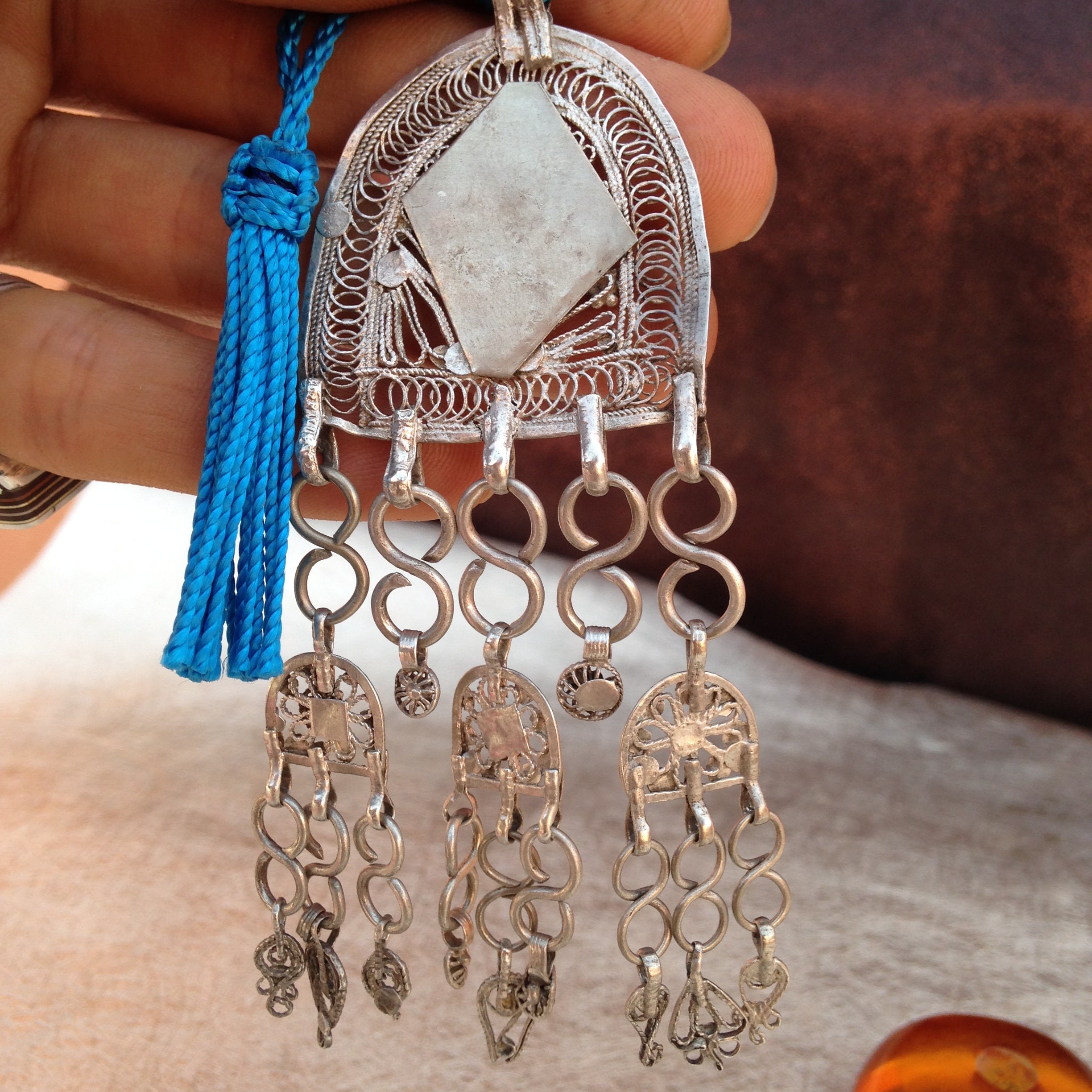 Berber Silver Amulet Pendant: Moroccan Ethnic Necklace with Blue Linen Tassel - Image 4