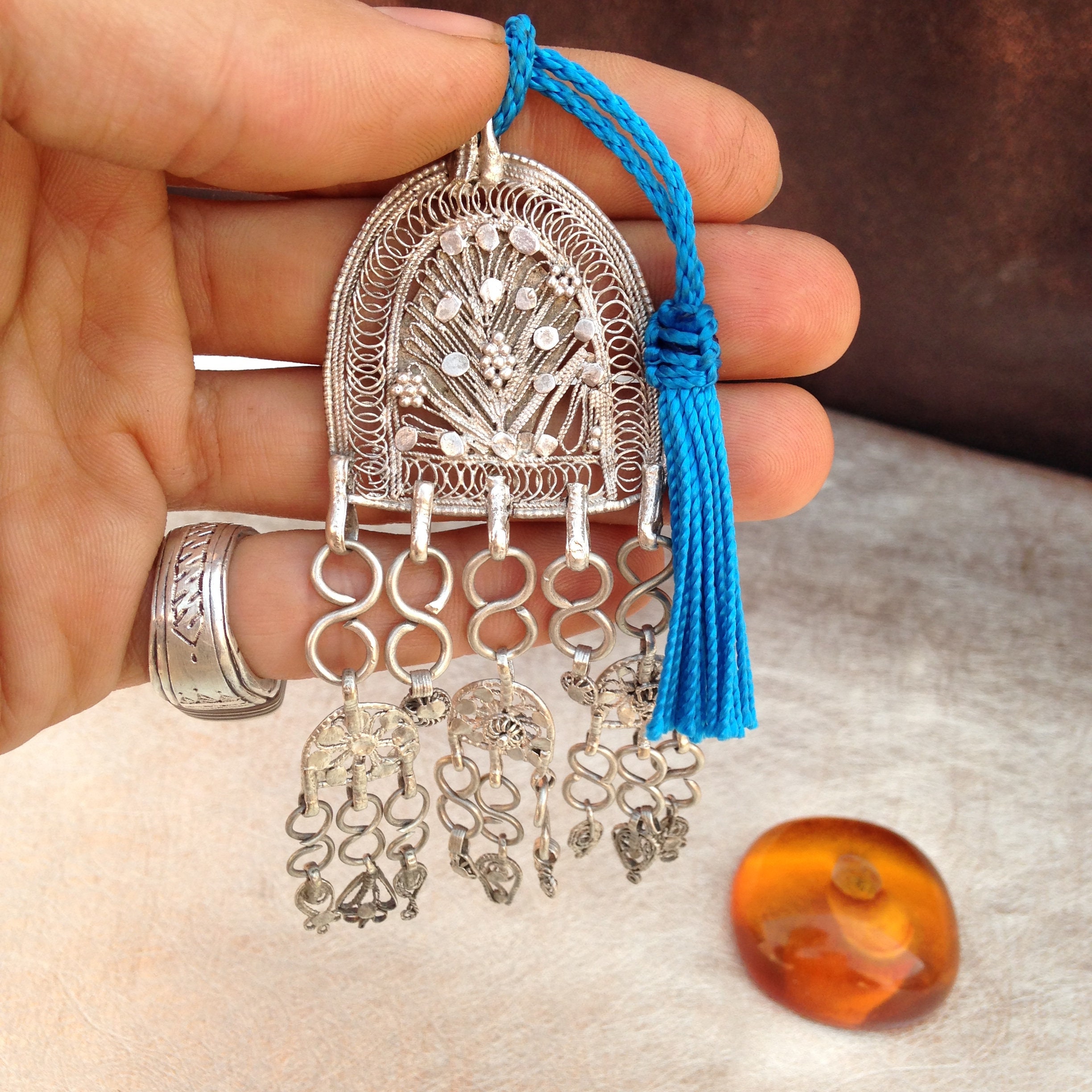 Berber Silver Amulet Pendant: Moroccan Ethnic Necklace with Blue Linen Tassel - Image 3