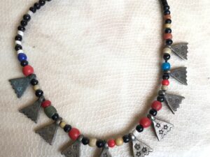 Berber Necklace: Fatima Hand Pendant, Antique Beads & Silver Dangles