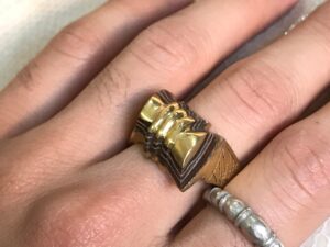 African Bronze Ring with Ebony Wood: Tribal Ethnic Jewelry, Size 12