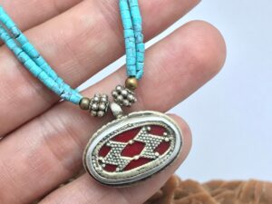 Nepalese Coral Turquoise Statement Necklace: Tibetan Silver Pendant