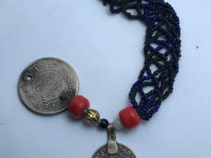 Antique Saudi Silver Coin Pendant: Ethnic Glass Bead Necklace