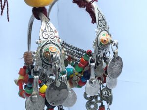 Moroccan Silver Niello Headpiece: Coral, Enamel, Glass Beads, Ethnic Earrings