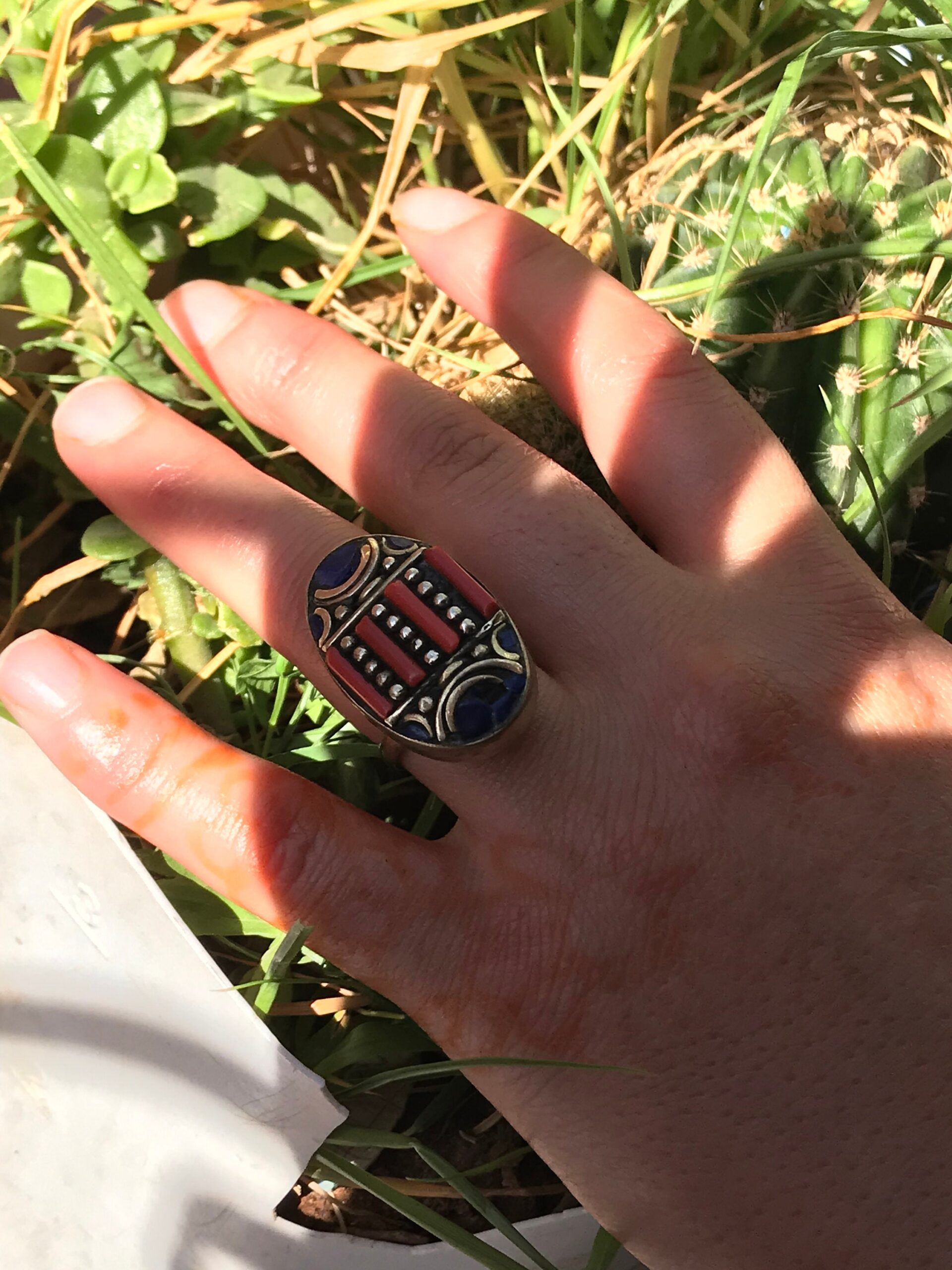 Tibetan Turquoise Coral Ring: Lapis Lazuli Mosaic, Adjustable Boho Jewelry - Image 2