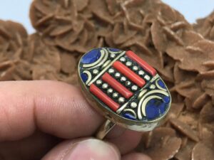 Tibetan Turquoise Coral Ring: Lapis Lazuli Mosaic, Adjustable Boho Jewelry