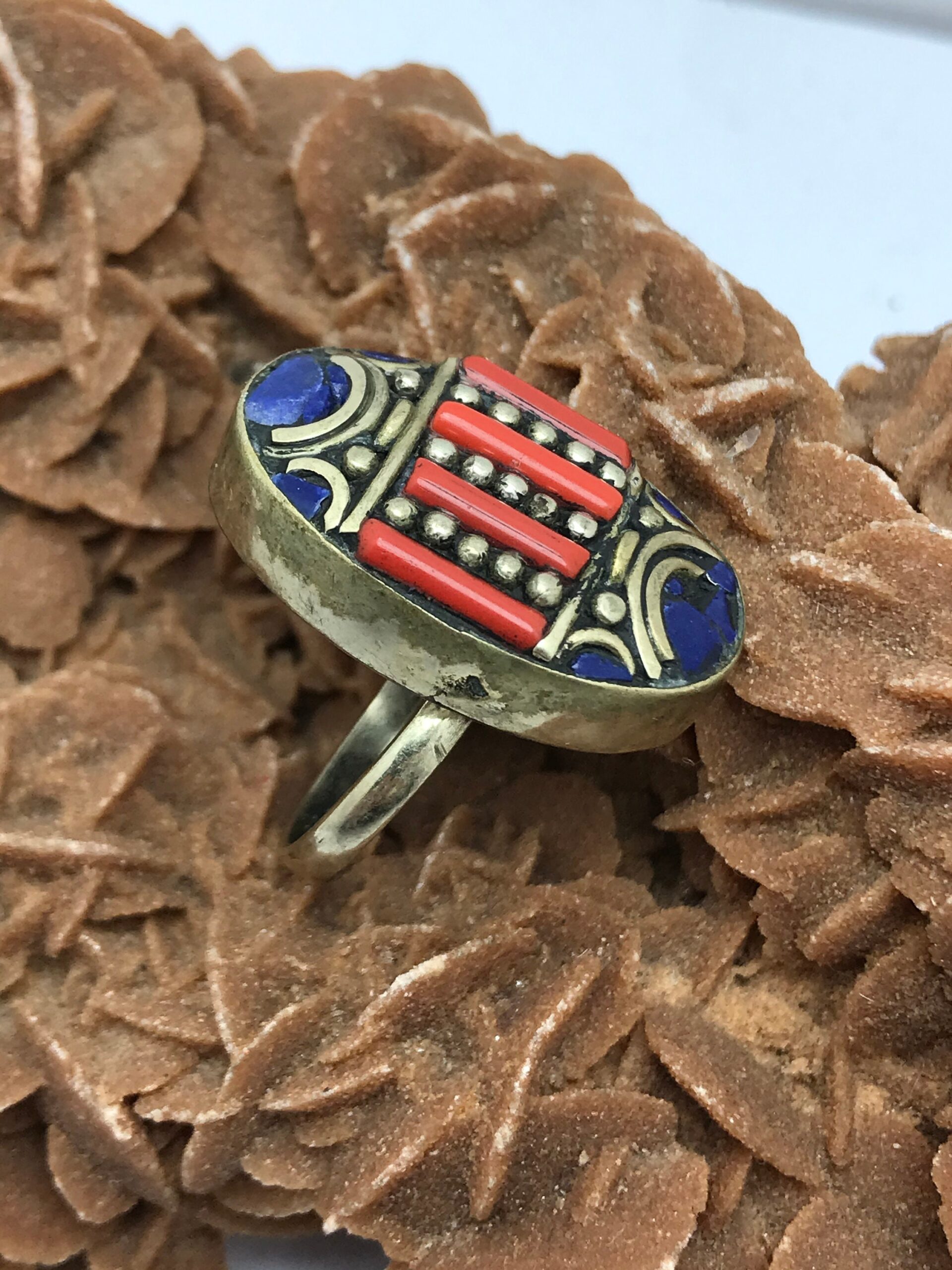 Tibetan Turquoise Coral Ring: Lapis Lazuli Mosaic, Adjustable Boho Jewelry - Image 4