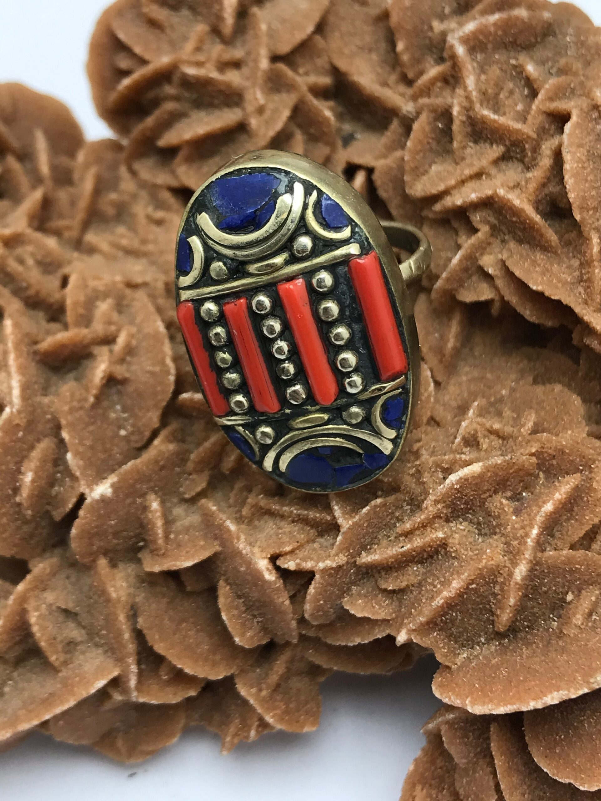 Tibetan Turquoise Coral Ring: Lapis Lazuli Mosaic, Adjustable Boho Jewelry - Image 5