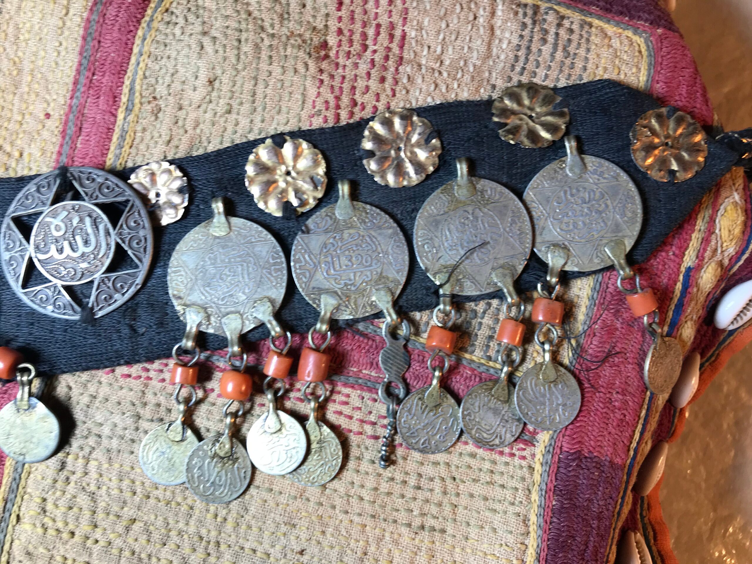 Moroccan Coin Headband: High Grade Silver, Coral & Silk - 1930s Head Ornaments - Image 3