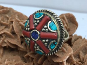 Oversized Turquoise Ring: Tibetan Coral Lapis Lazuli Boho Jewelry