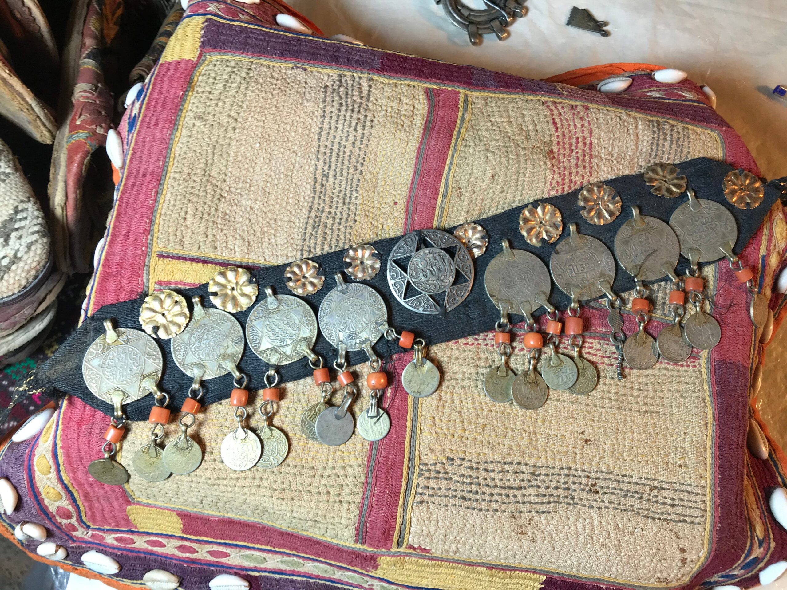 Moroccan Coin Headband: High Grade Silver, Coral & Silk - 1930s Head Ornaments - Image 2