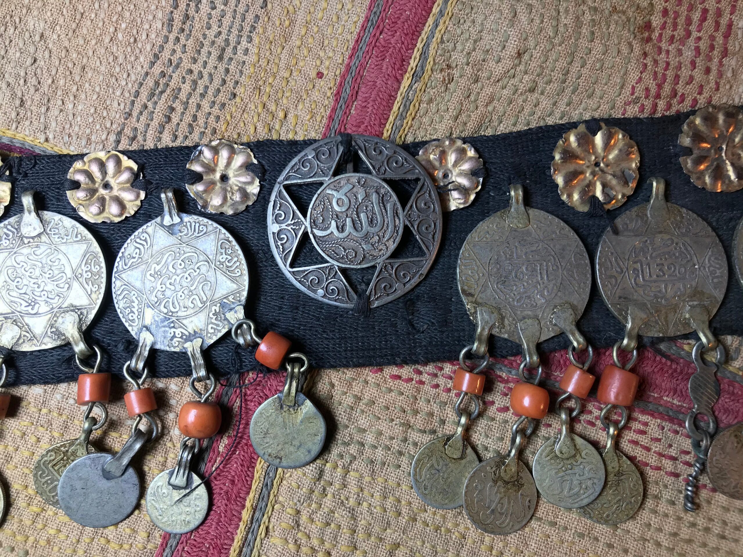 Moroccan Coin Headband: High Grade Silver, Coral & Silk - 1930s Head Ornaments - Image 5