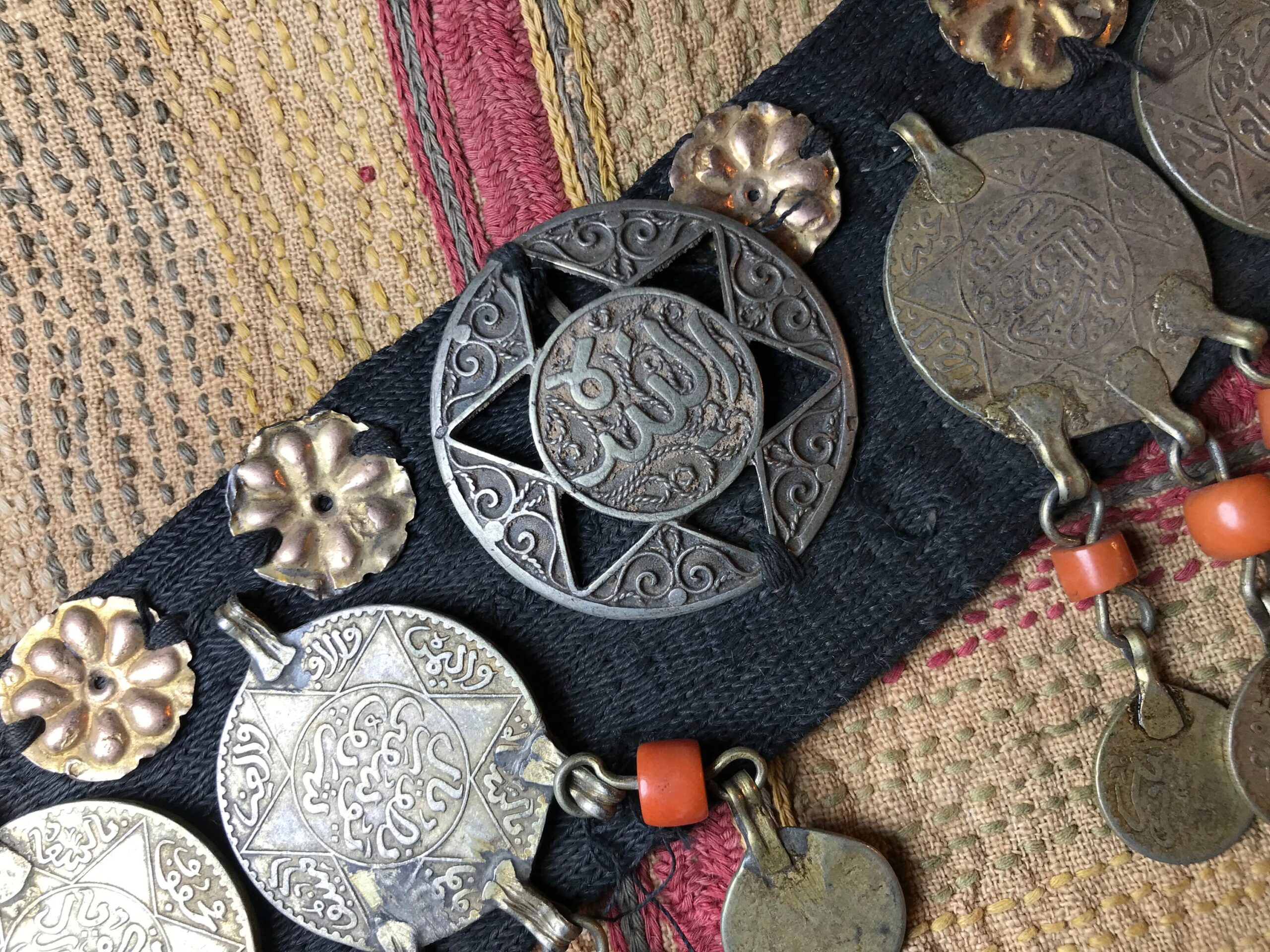 Moroccan Coin Headband: High Grade Silver, Coral & Silk - 1930s Head Ornaments - Image 7