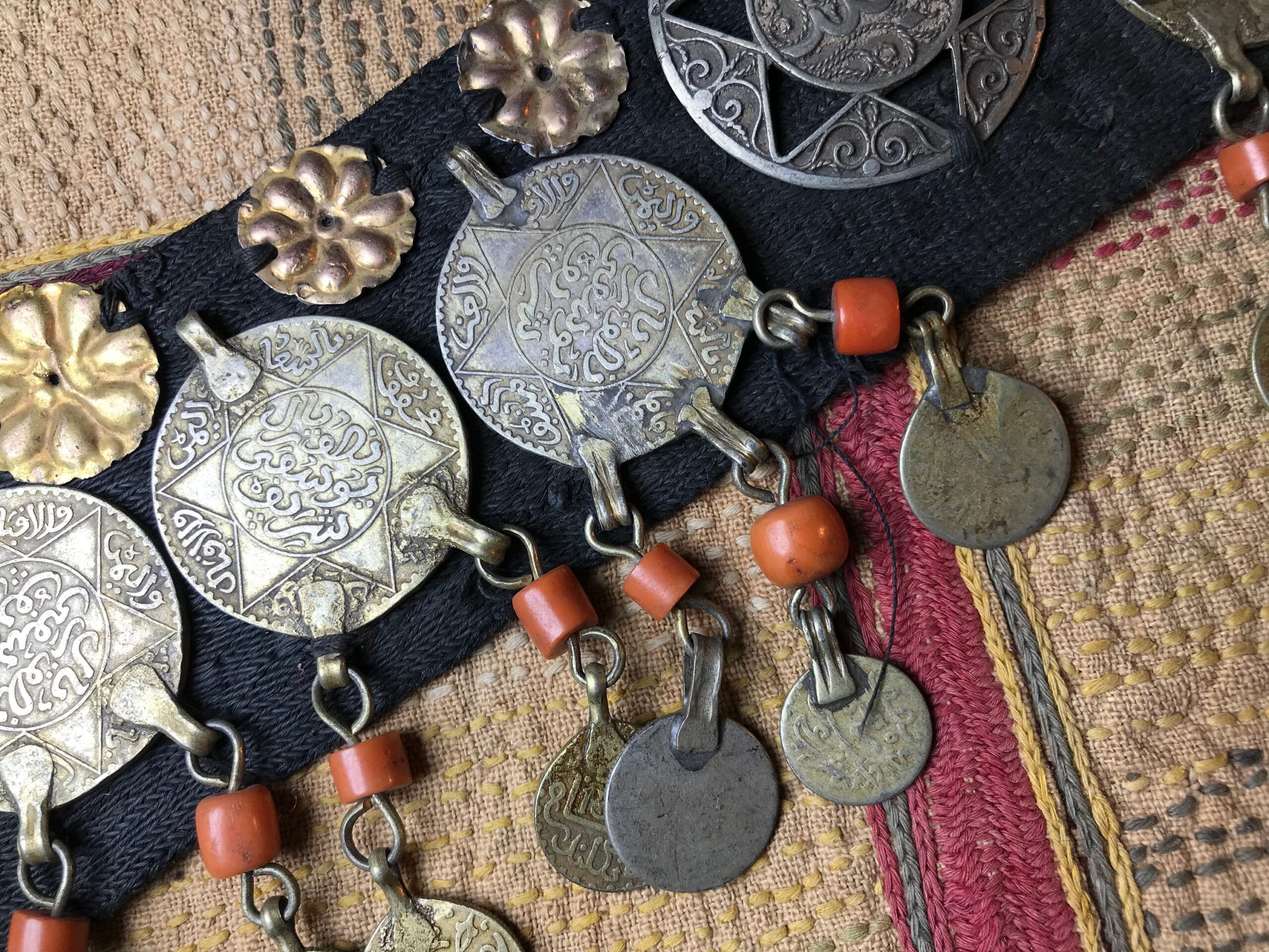 Moroccan Coin Headband: High Grade Silver, Coral & Silk - 1930s Head Ornaments - Image 8