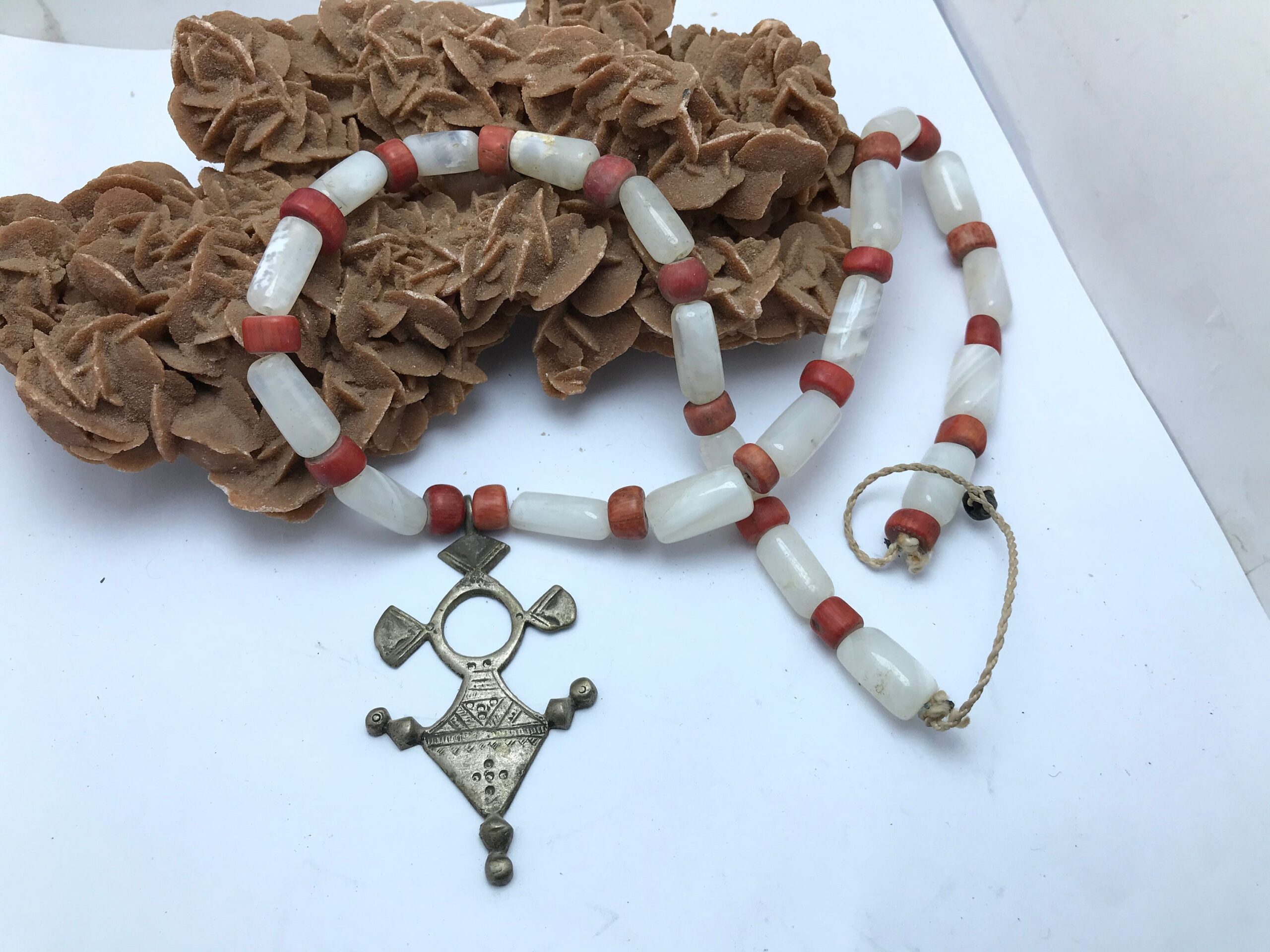Berber Coral Necklace: Antique Silver Cross, Ethnic Jewelry