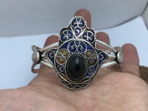 Handmade Berber Sterling Silver Enamel Bracelet: Moroccan Ethnic Jewelry