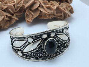 Handmade Sterling Silver Berber Cuff Bracelet: Black Onyx Filigree