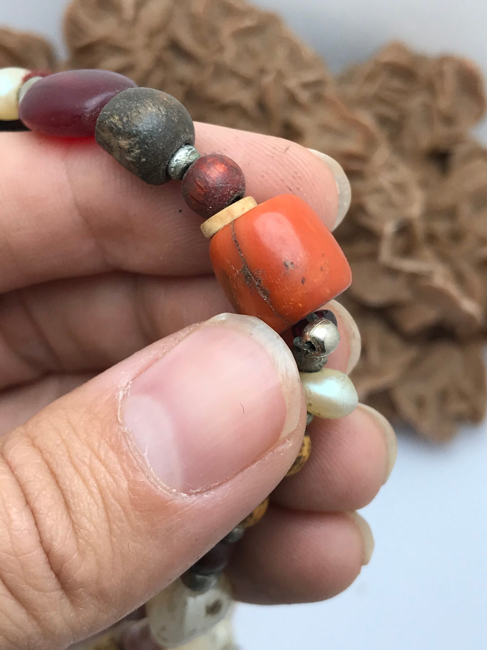 Antique Berber Necklace: Silver, Coral & Natural Stone Beads - Image 7