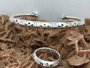 Bracelet cuff sterling silver with ring, for men and women