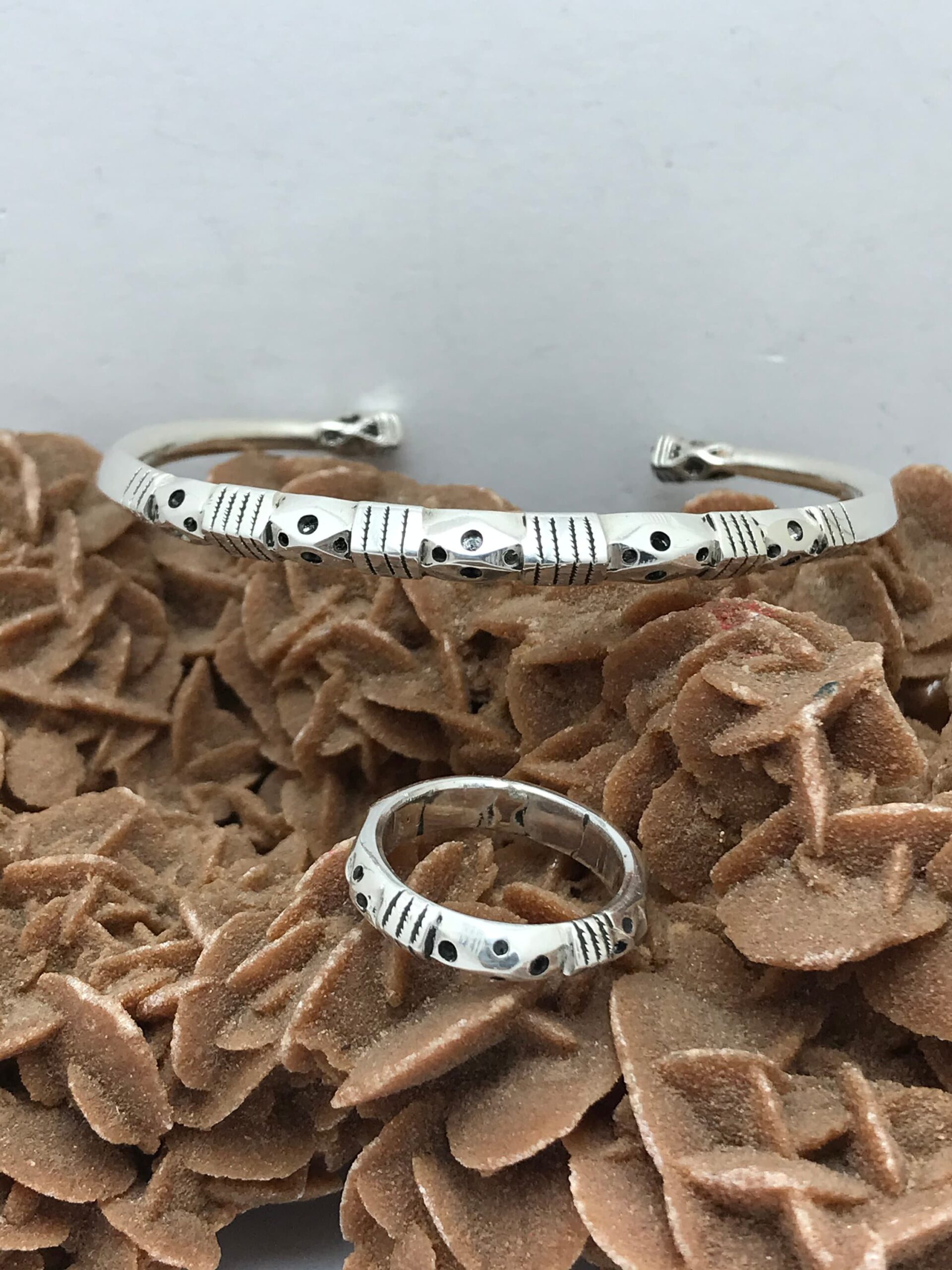 Bracelet cuff sterling silver with ring, for men and women