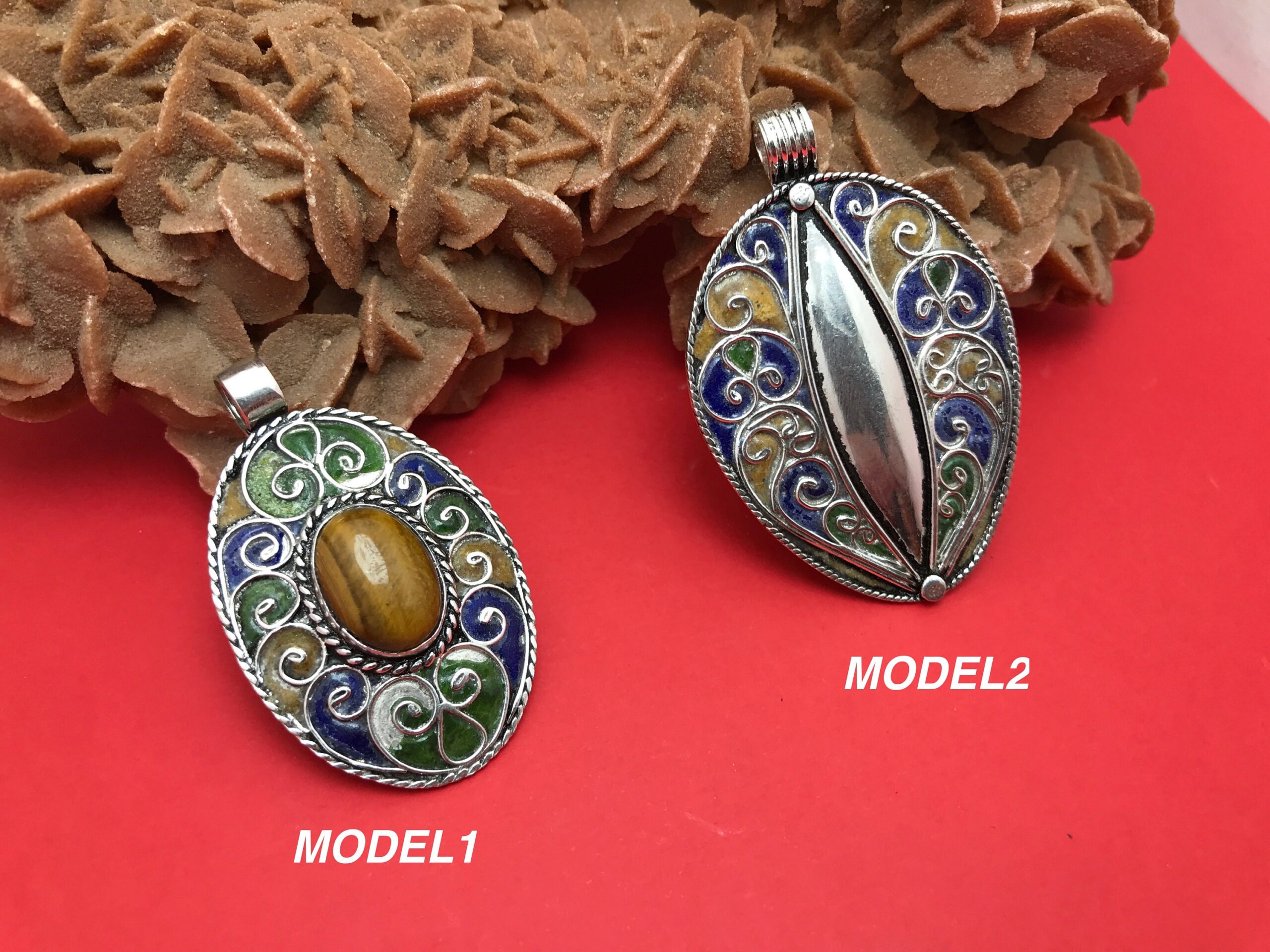 ethnic pendant enamel, moroccan amulet enameled silver