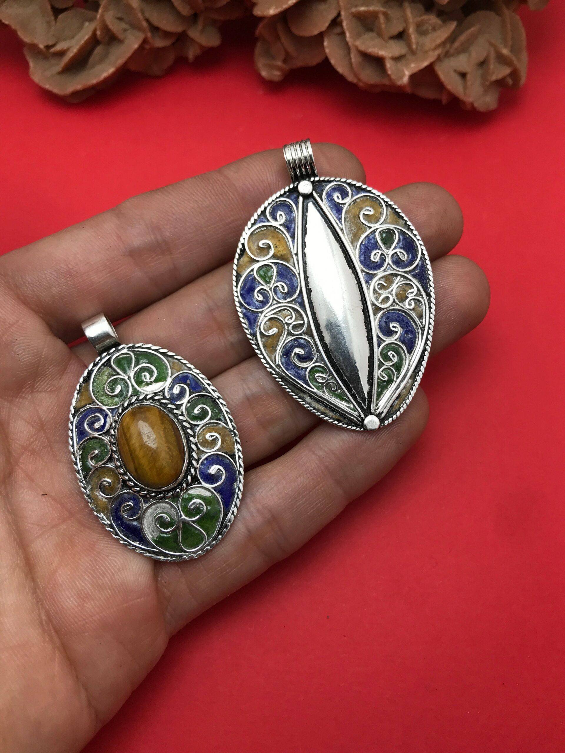 ethnic pendant enamel, moroccan amulet enameled silver - Image 3