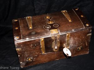 Antique Tuareg Kitab Chest: Moroccan Berber Brass Inlay, Home Decor