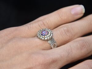 Vintage Touareg Silver Ring with Chevron Glass Bead