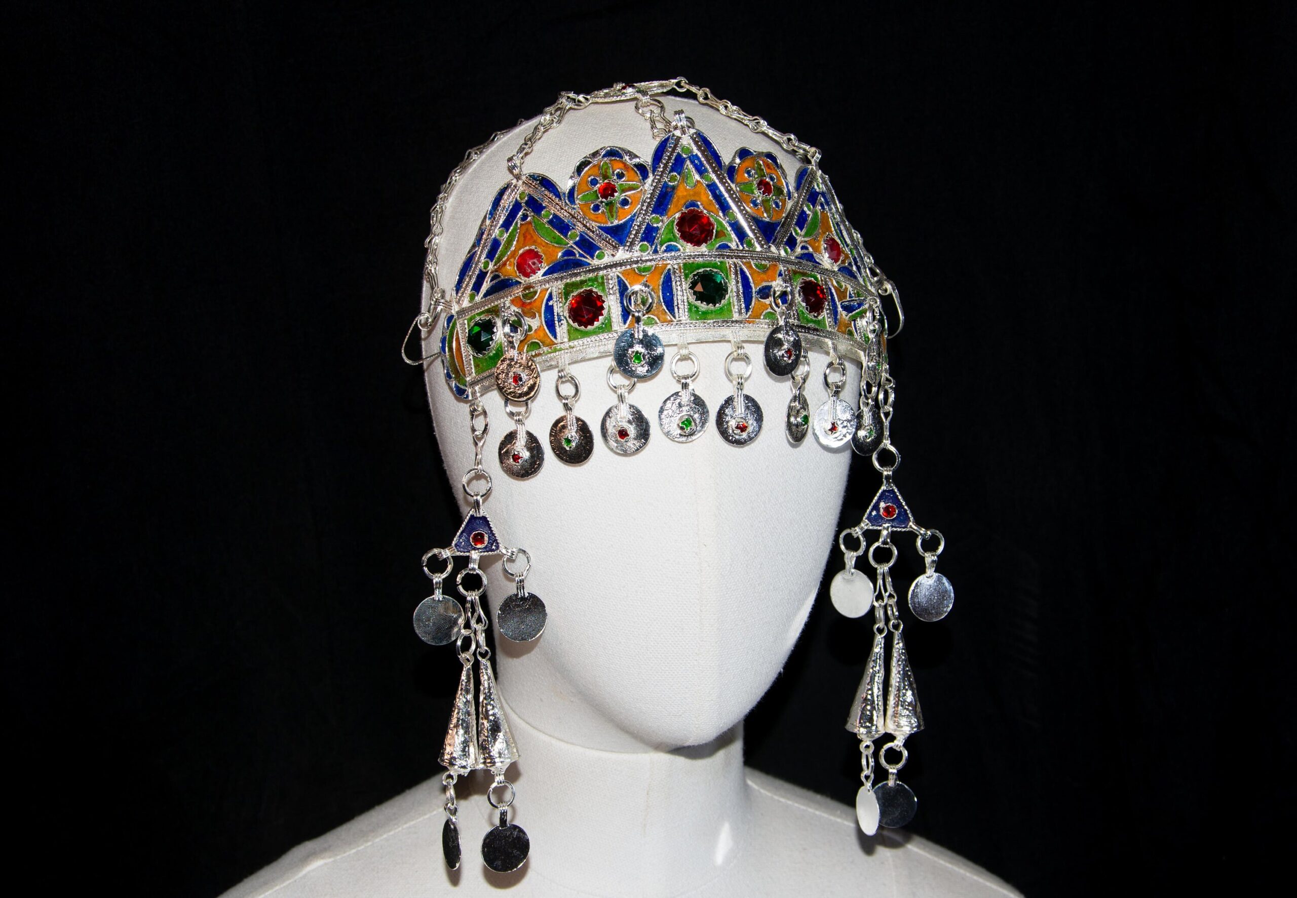 Berber Headdress, "TAOUNZA" Head Ornament Plated silver, enamel, and glass beads