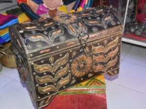 Old Tuareg Wood Chest: Berber Sahara Trunk with Horn Inlay