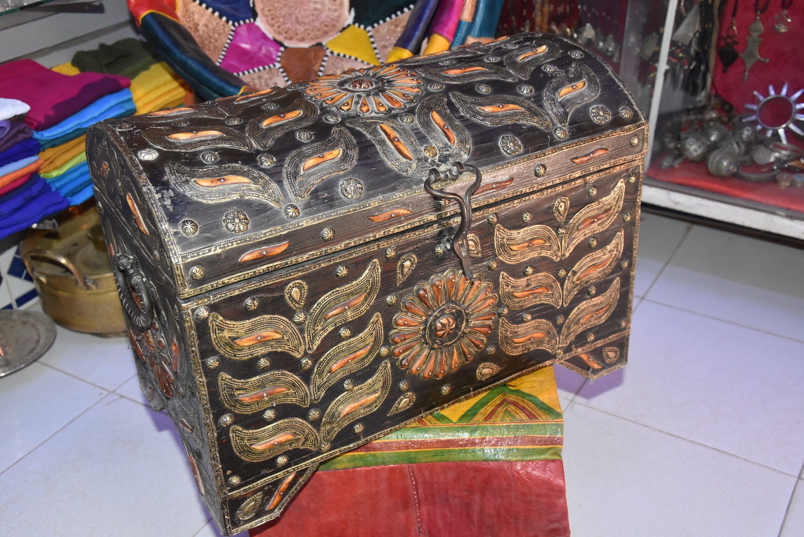 Old Tuareg Wood Chest: Berber Sahara Trunk with Horn Inlay