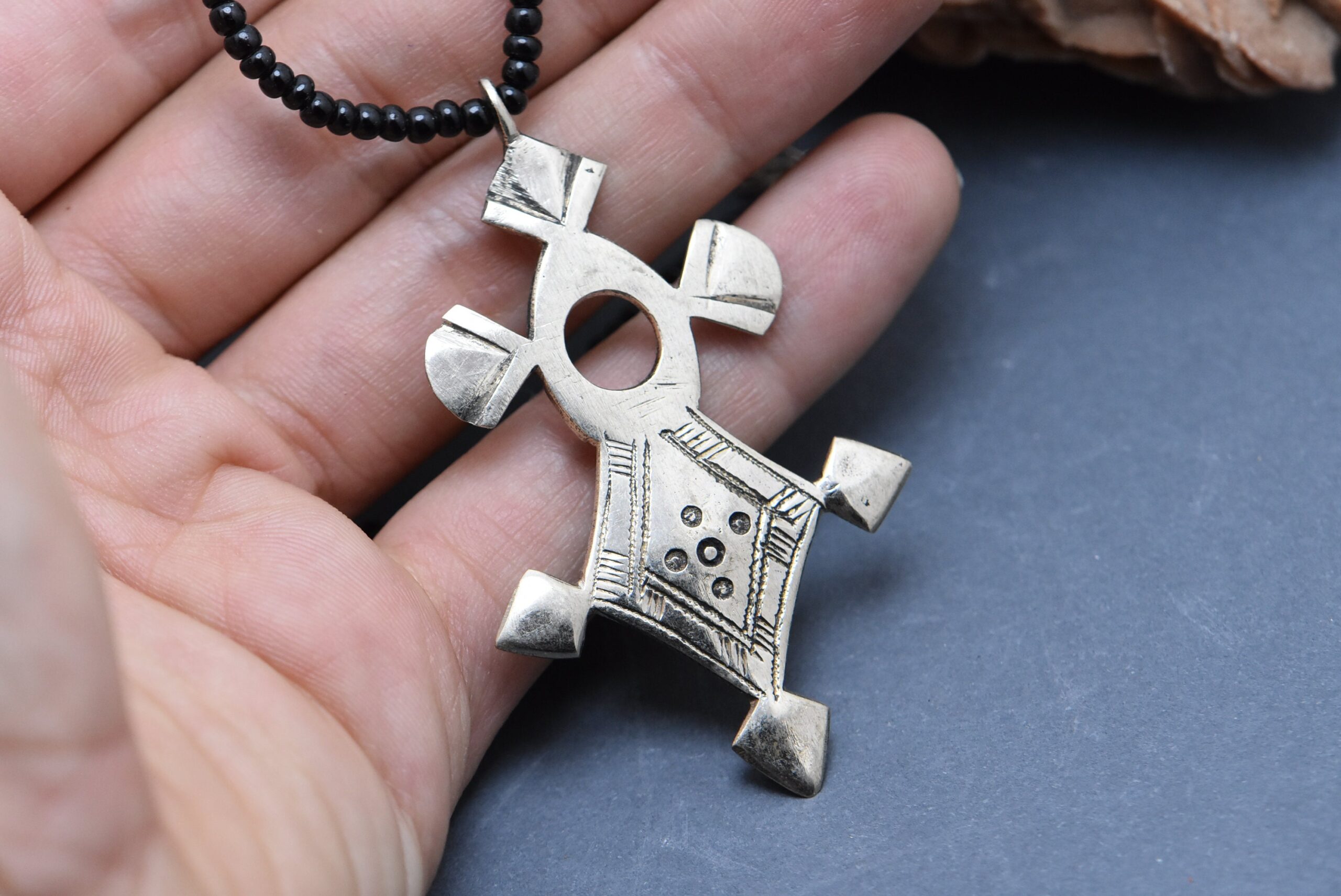 Tuareg Southern Cross Necklace: Silver Carnelian Pendant