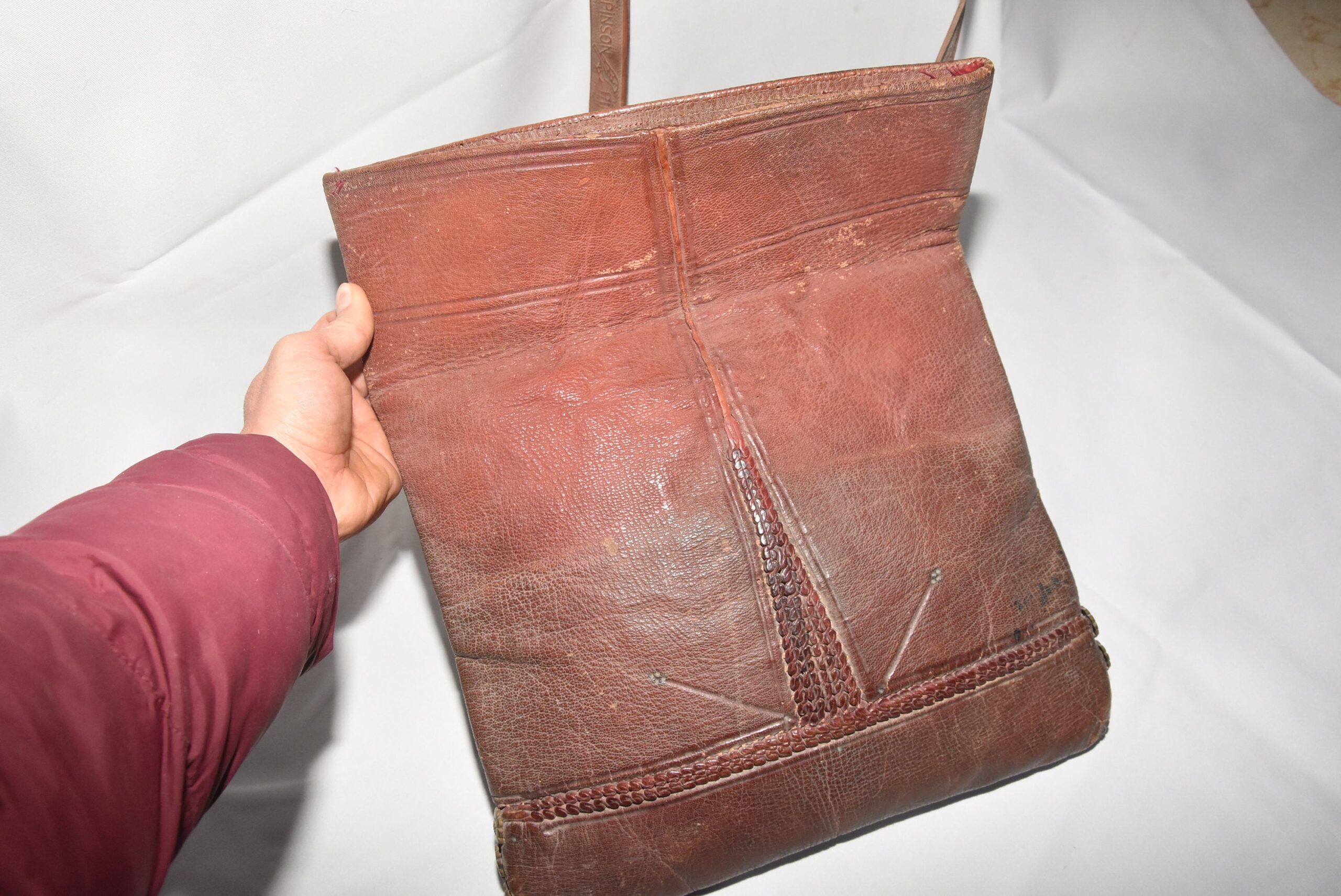 Vintage Berber Leather Bag: Moroccan Rif Mountain Silk Belt, 1930s - Image 7