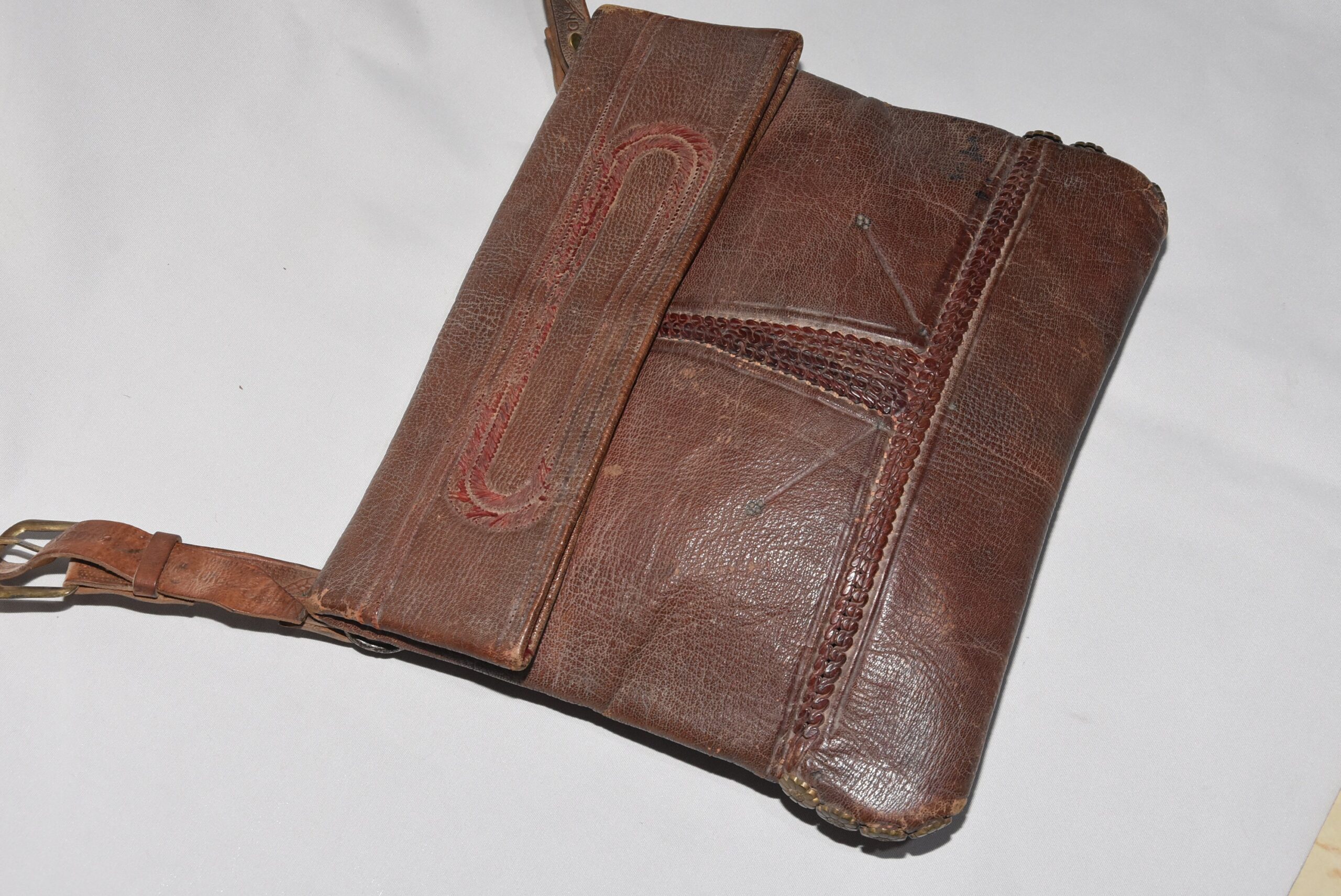Vintage Berber Leather Bag: Moroccan Rif Mountain Silk Belt, 1930s - Image 2