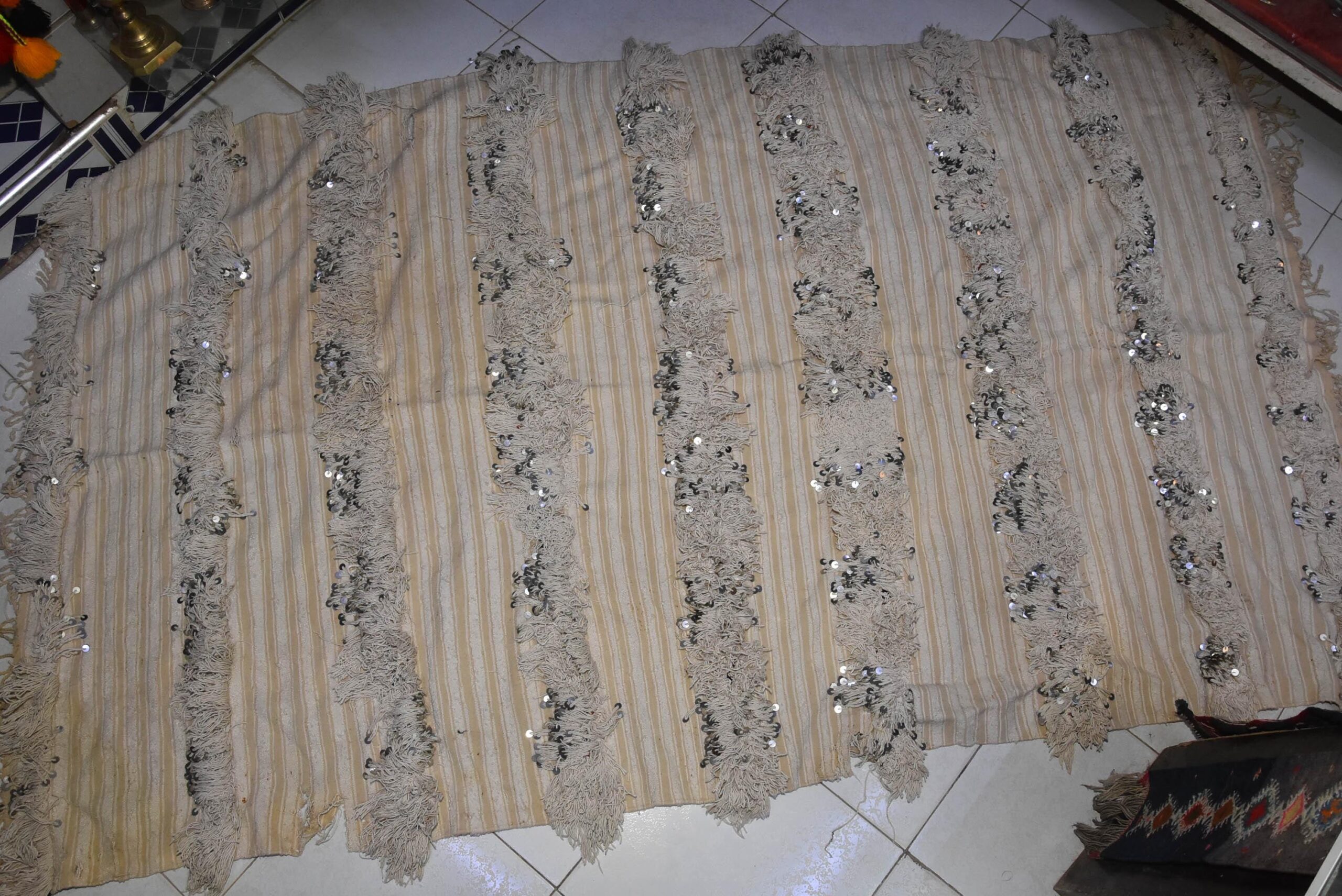 Old Wedding Blanket Handira brown, moroccan carpet, berber, bedding - Image 4