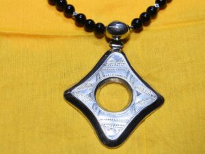 Handcrafted African Tuareg Egeru Cross Necklace with Engraved Silver and Onyx Beads