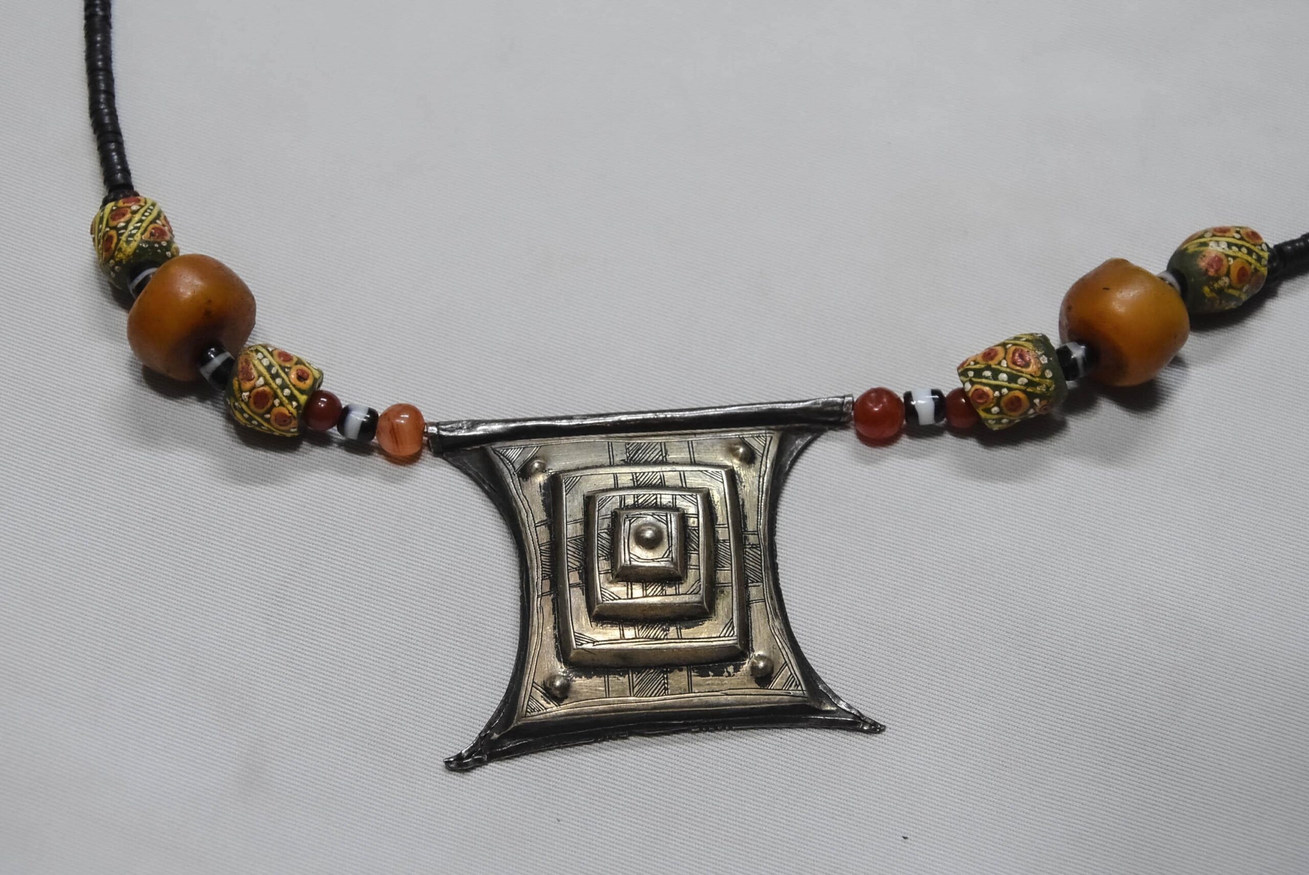 Old Tuareg Silver Tcherot Amulet Necklace with Amber and Trade Beads - Image 5