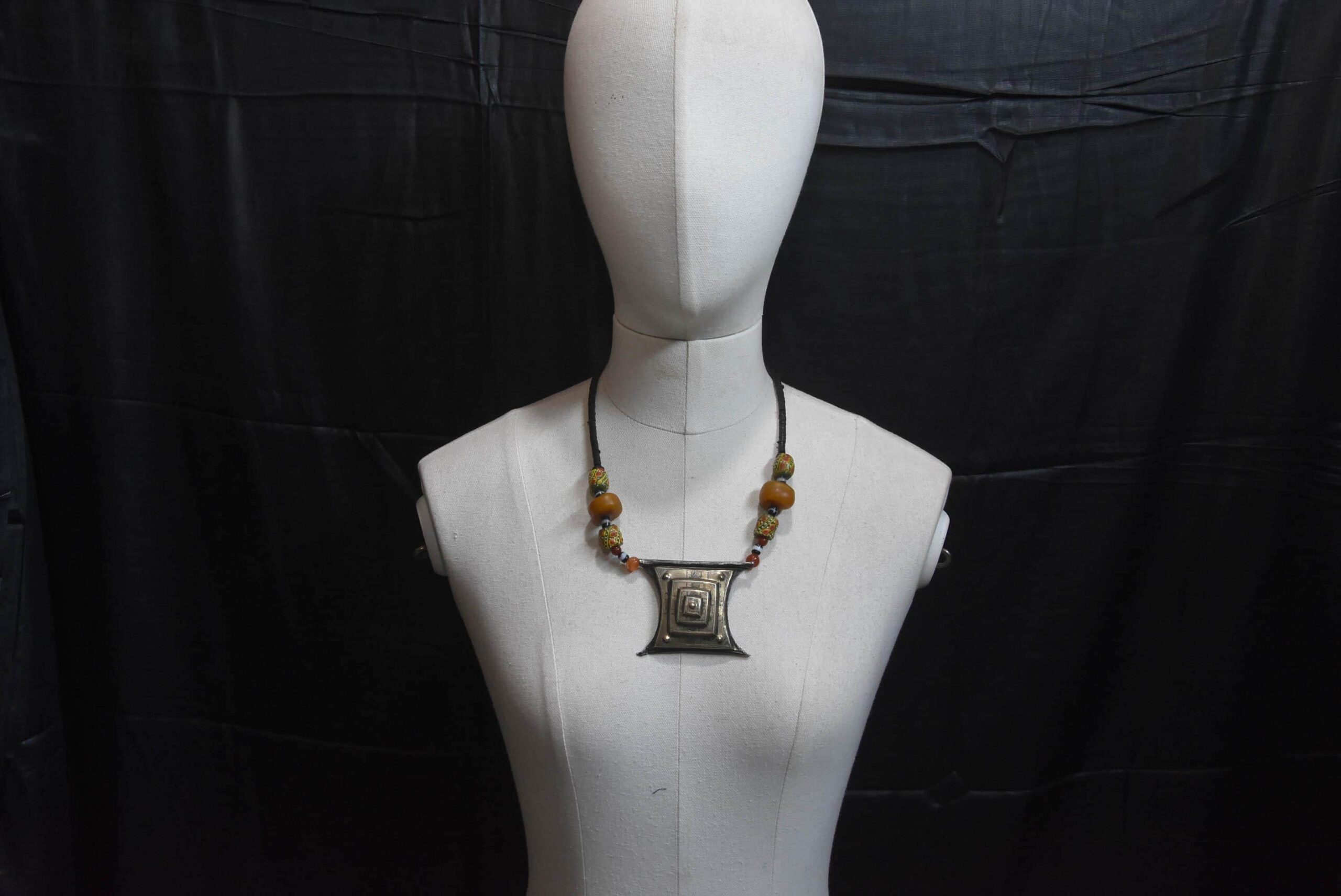 Old Tuareg Silver Tcherot Amulet Necklace with Amber and Trade Beads - Image 10