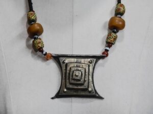 Old Tuareg Silver Tcherot Amulet Necklace with Amber and Trade Beads