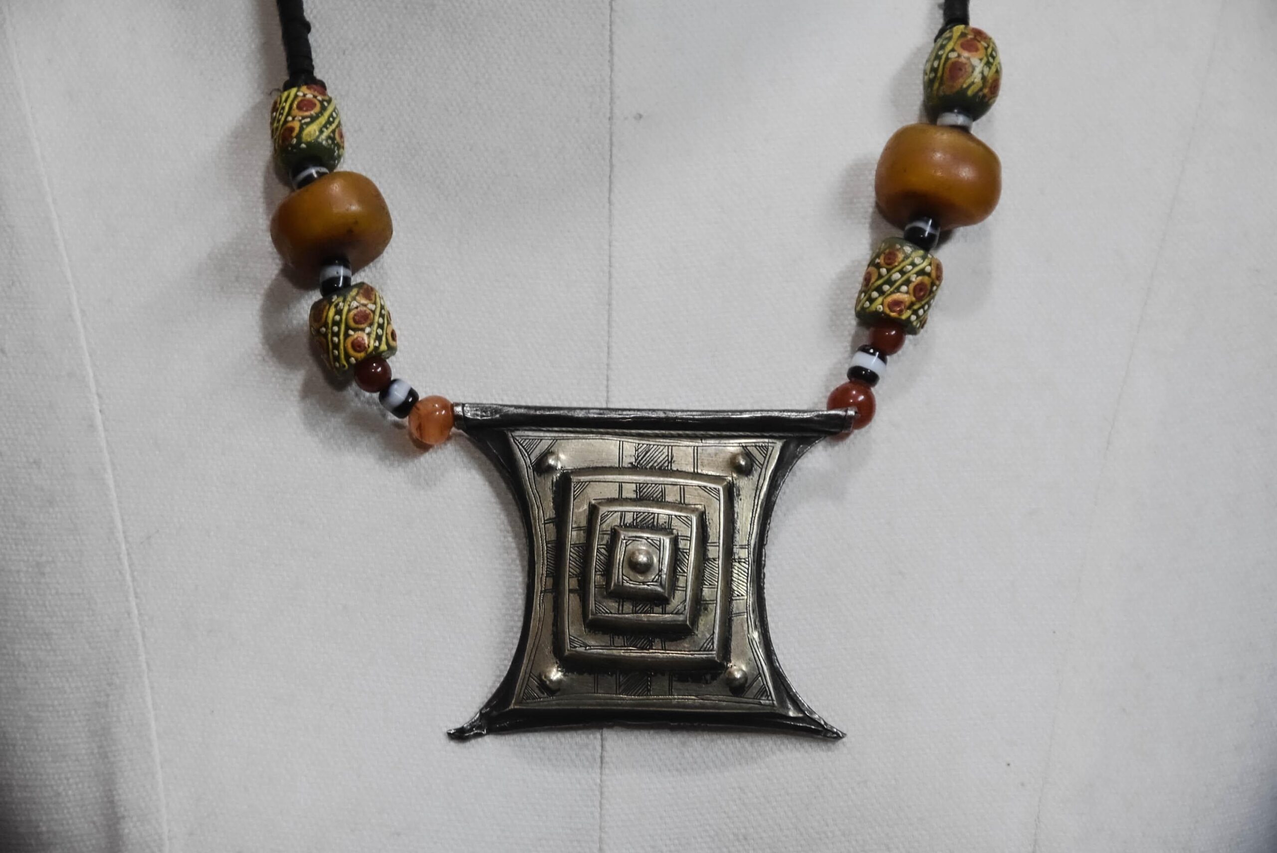 Old Tuareg Silver Tcherot Amulet Necklace with Amber and Trade Beads