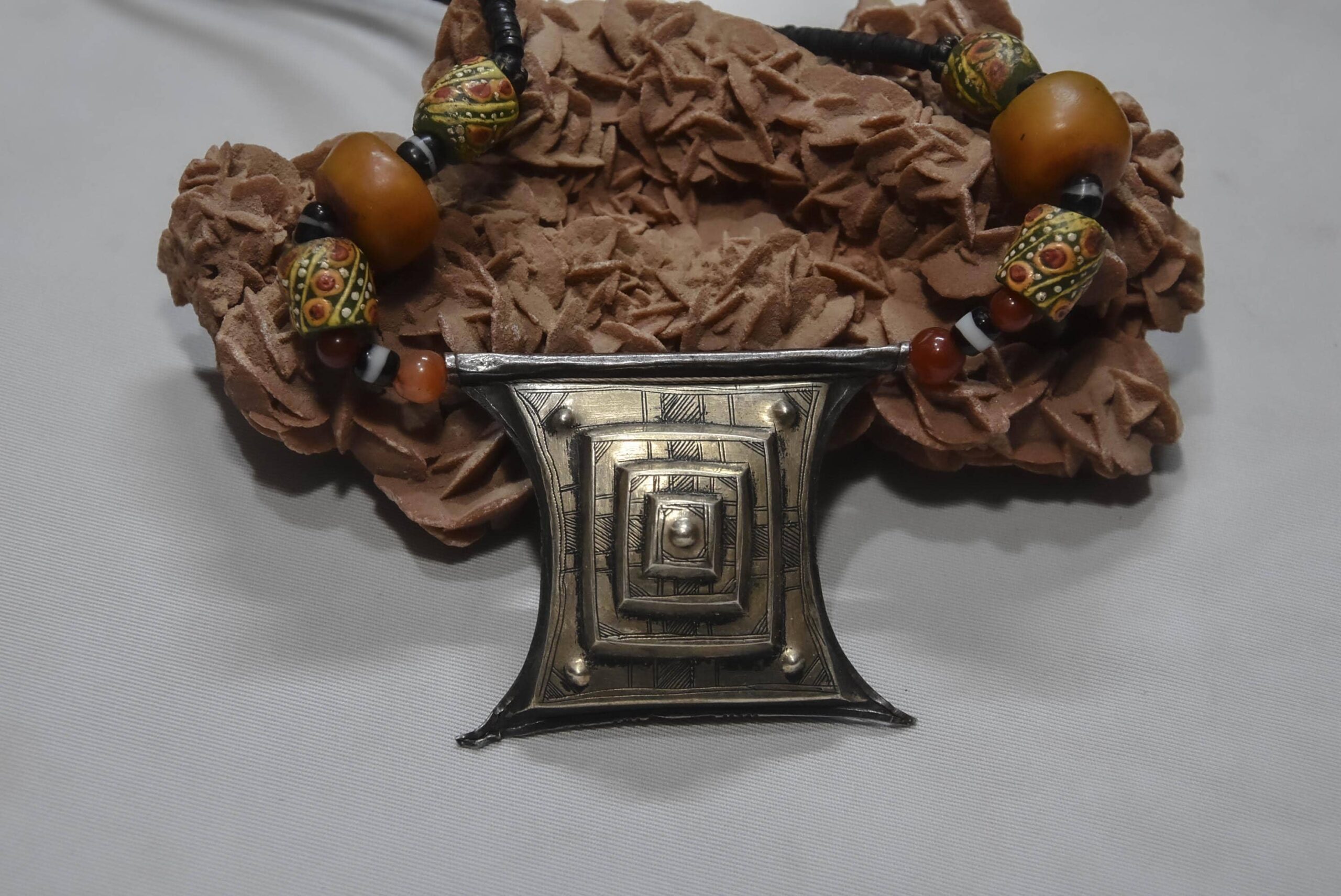 Old Tuareg Silver Tcherot Amulet Necklace with Amber and Trade Beads - Image 8