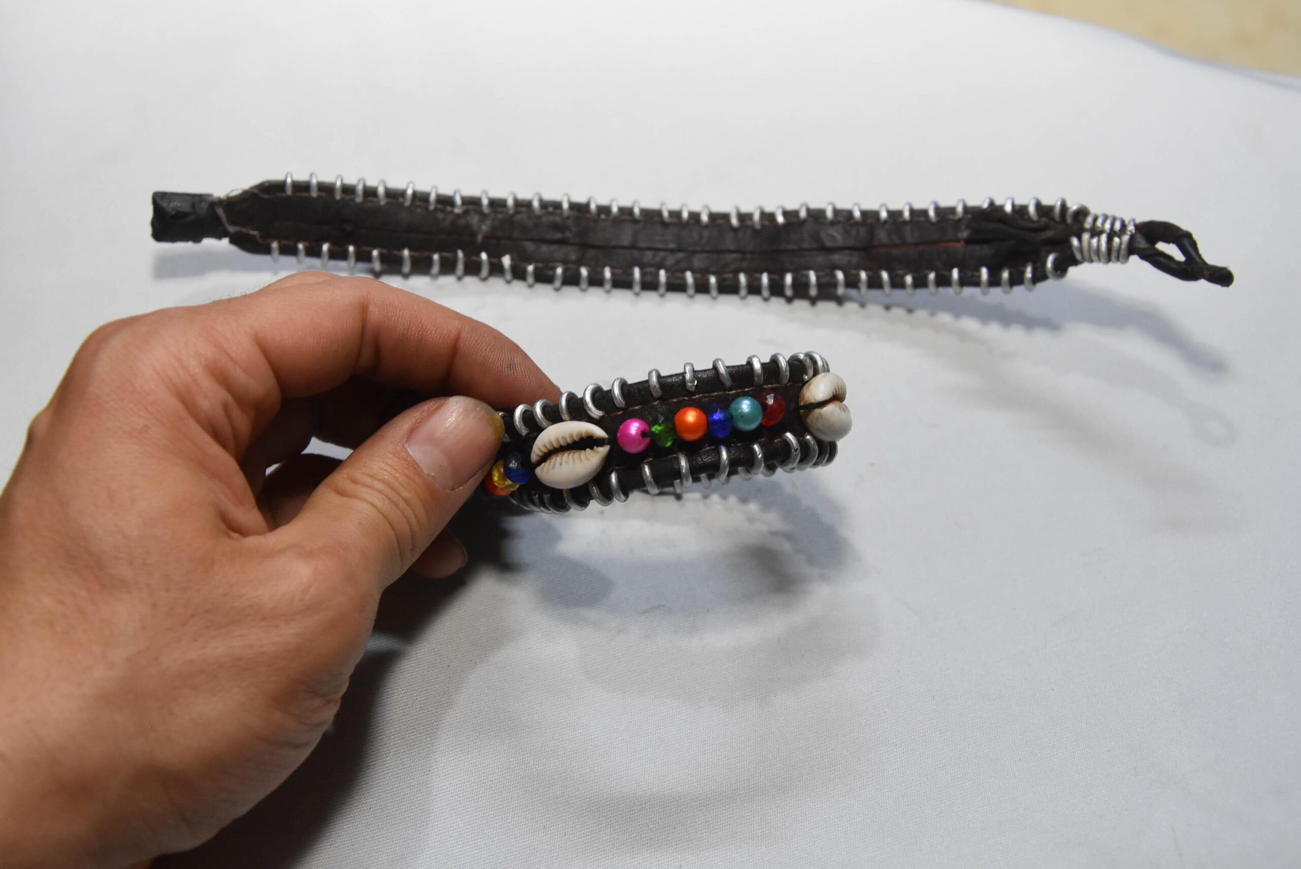 African Bracelr Tribal Cowrie Shell & Multi-Color Beaded Leather Cuff Bracelet - Image 6