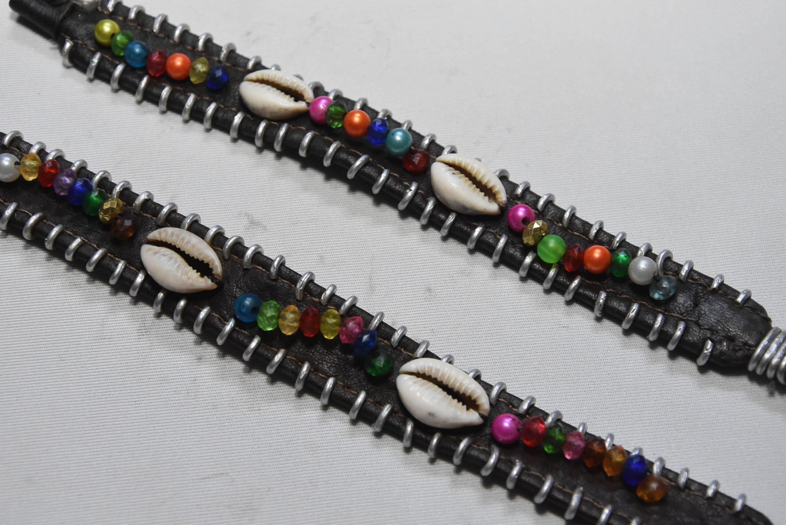 African Bracelr Tribal Cowrie Shell & Multi-Color Beaded Leather Cuff Bracelet - Image 3