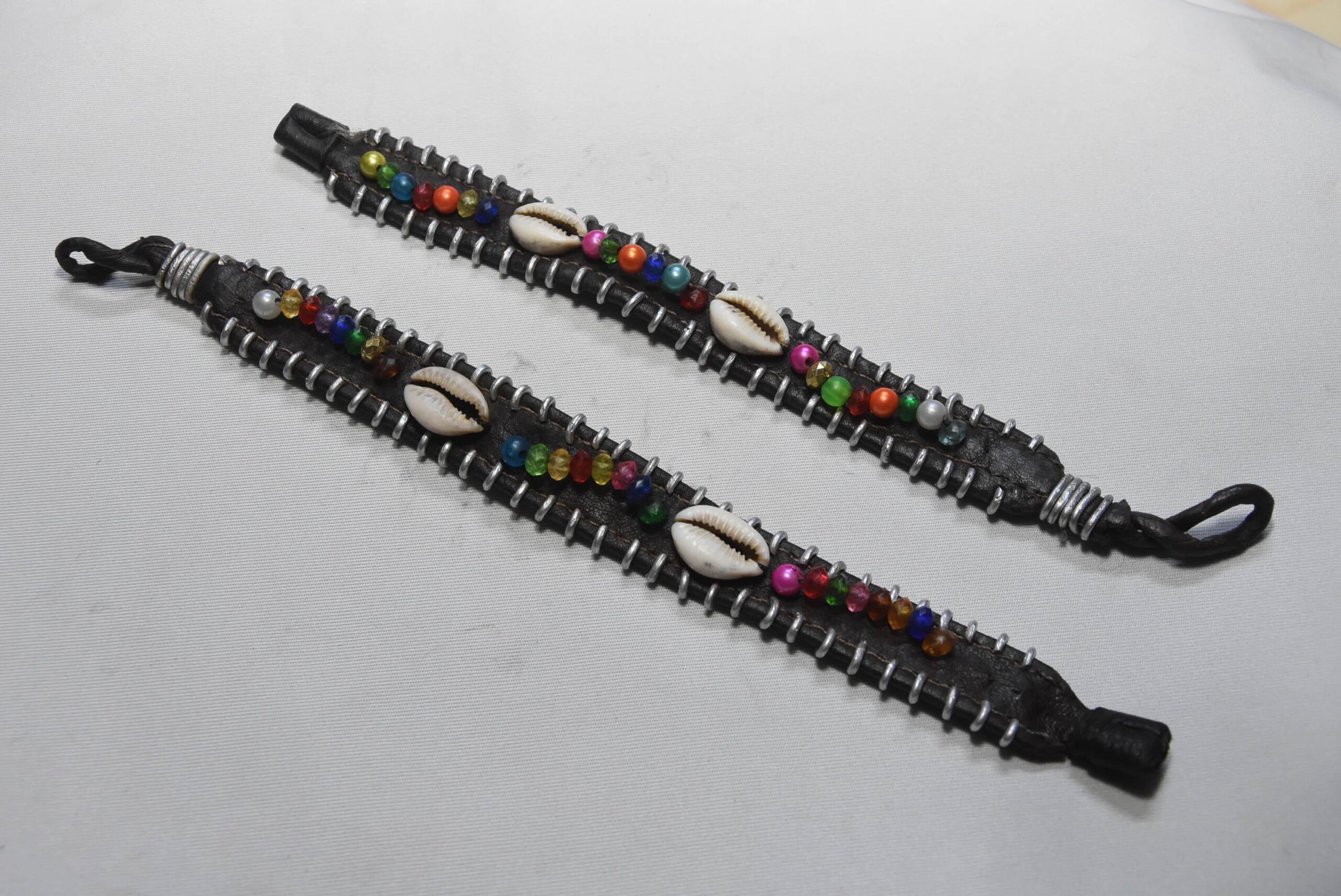 African Bracelr Tribal Cowrie Shell & Multi-Color Beaded Leather Cuff Bracelet - Image 2