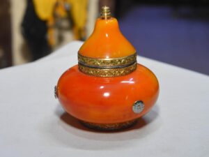 Vintage Moroccan Box Amber Resin & Brass Filigree Trinket Box