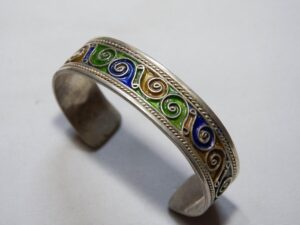 Vintage Berber Enamel Bracelet – Handcrafted Sterling Silver & Cloisonné Tribal Cuff