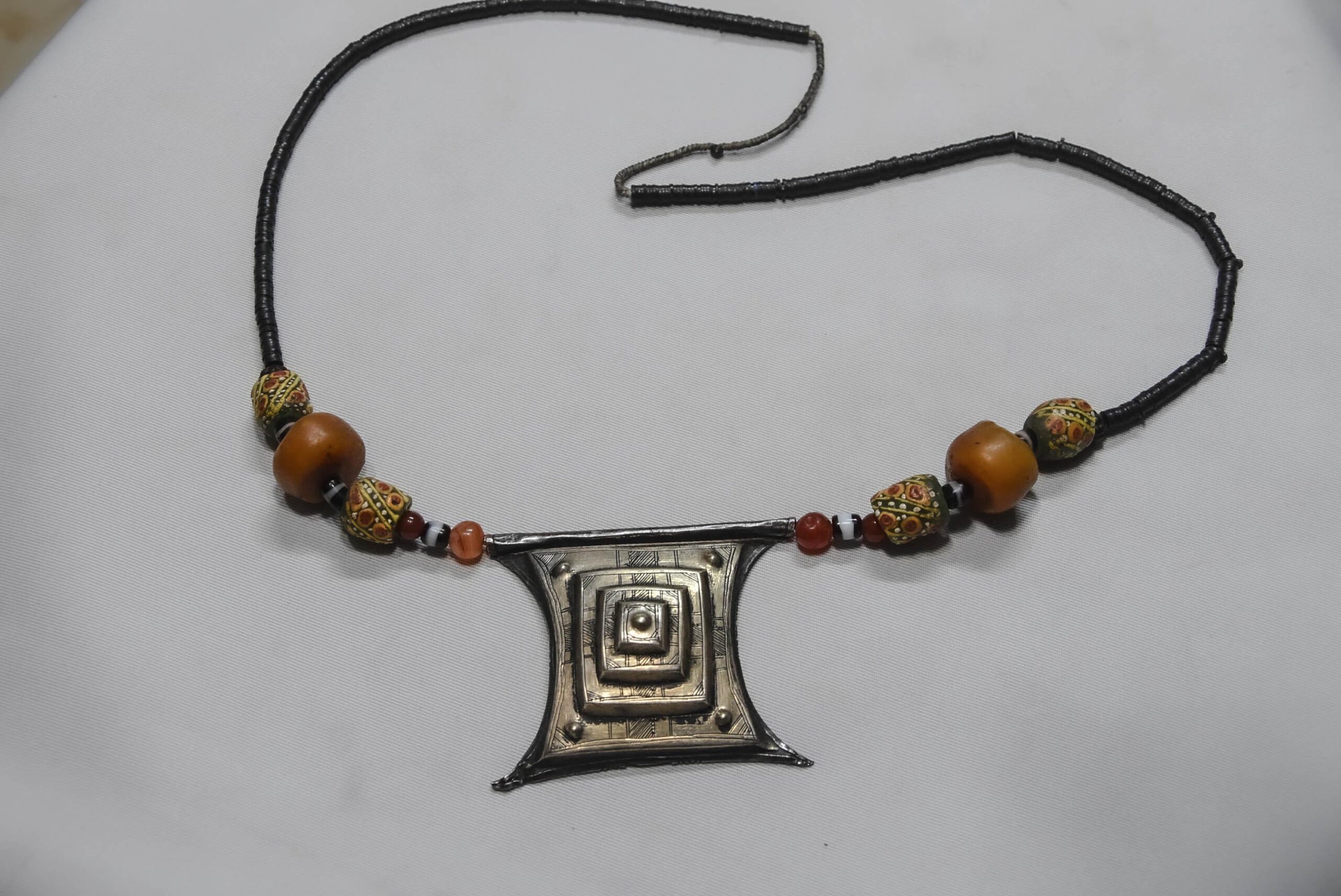 Old Tuareg Silver Tcherot Amulet Necklace with Amber and Trade Beads - Image 4