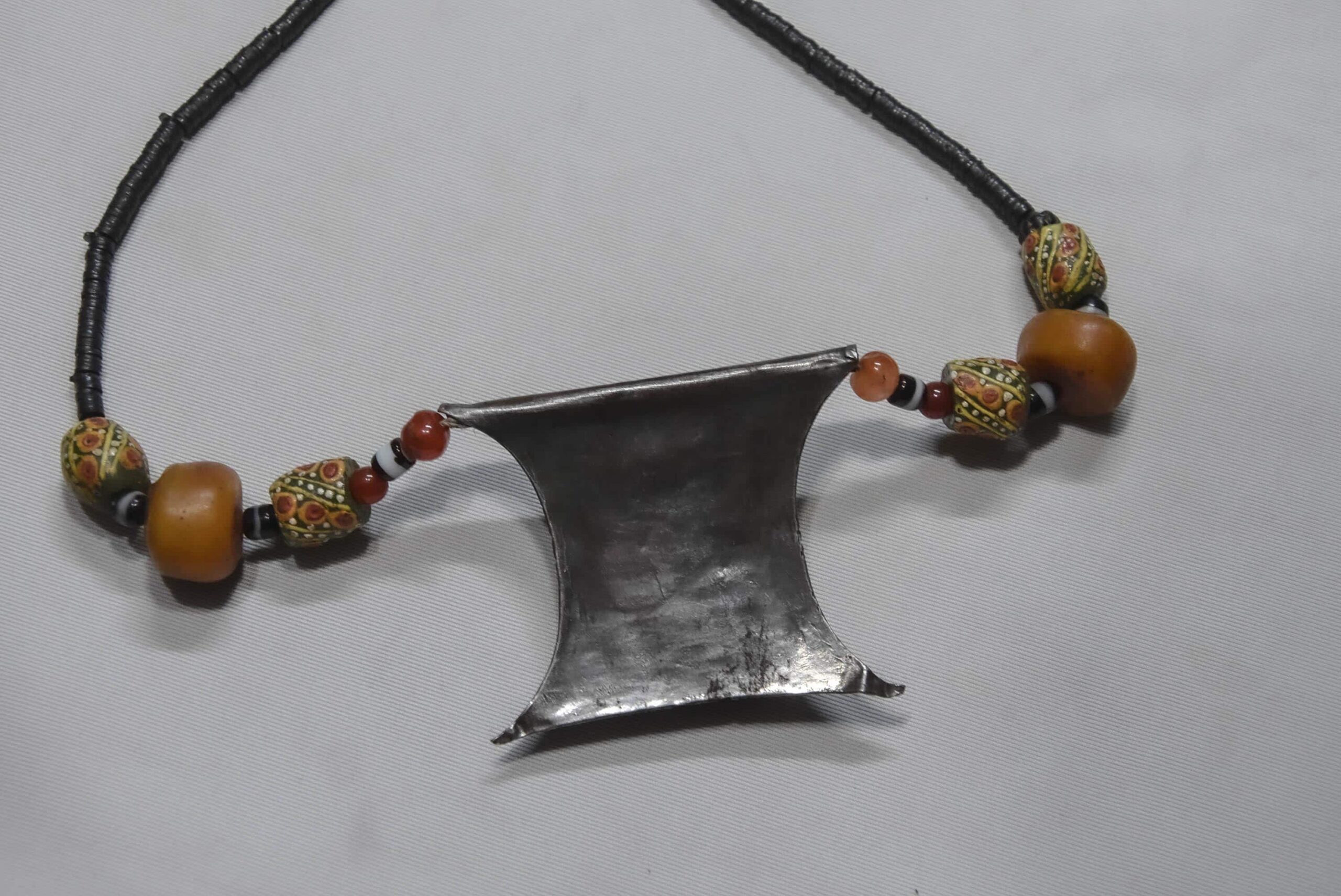 Old Tuareg Silver Tcherot Amulet Necklace with Amber and Trade Beads - Image 7