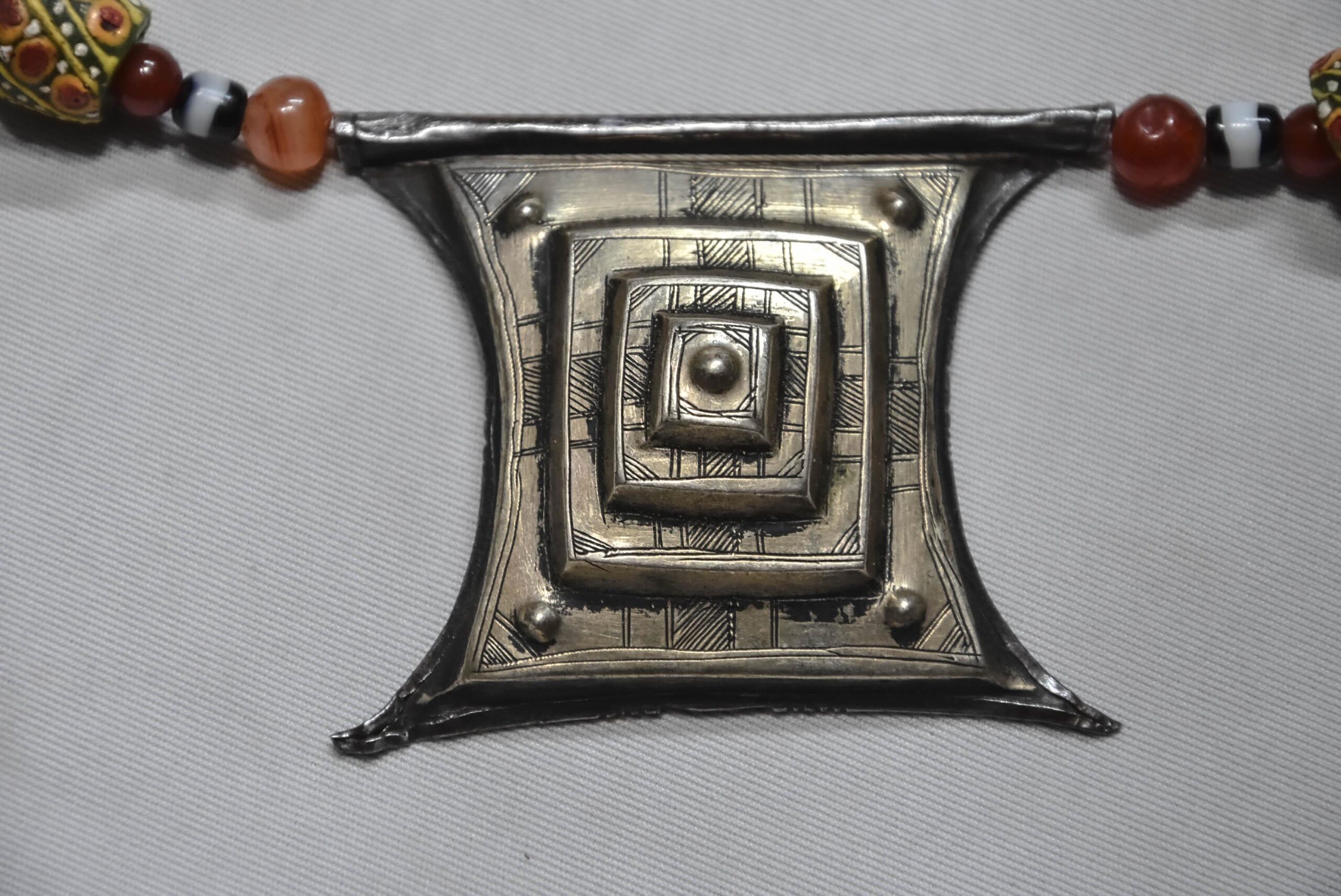 Old Tuareg Silver Tcherot Amulet Necklace with Amber and Trade Beads - Image 6